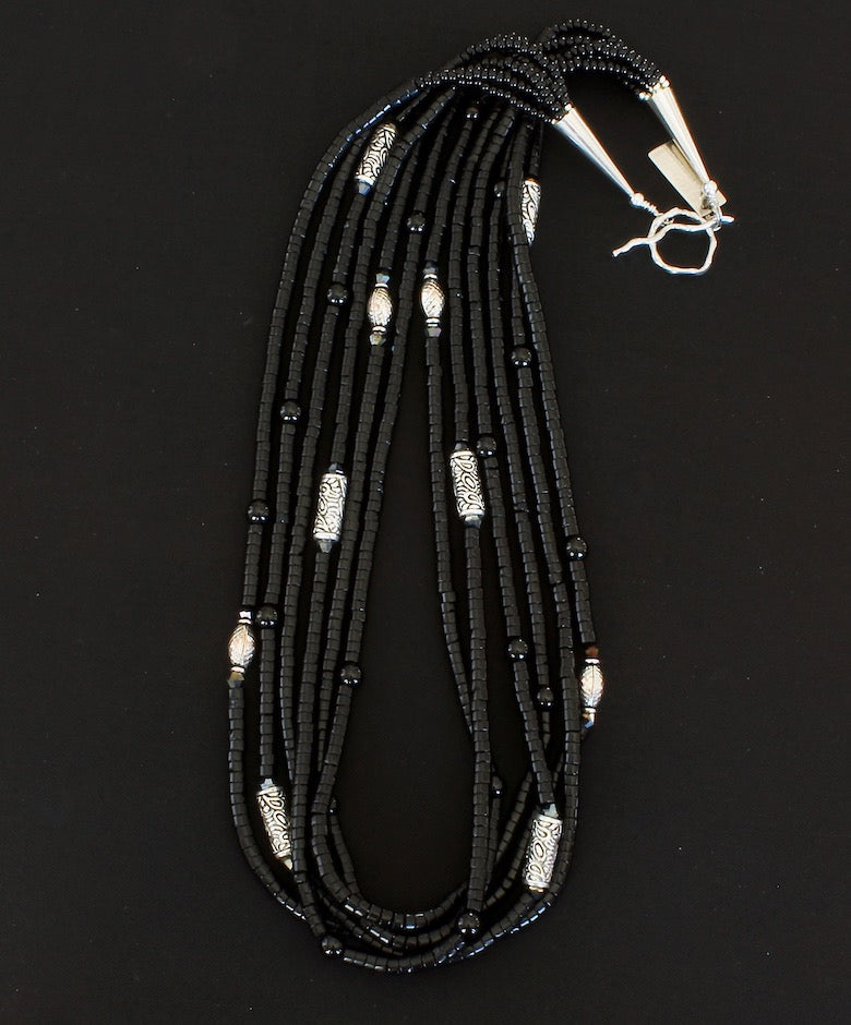 Black Onyx Heishi 6-Strand Necklace with Ornate Sterling Silver