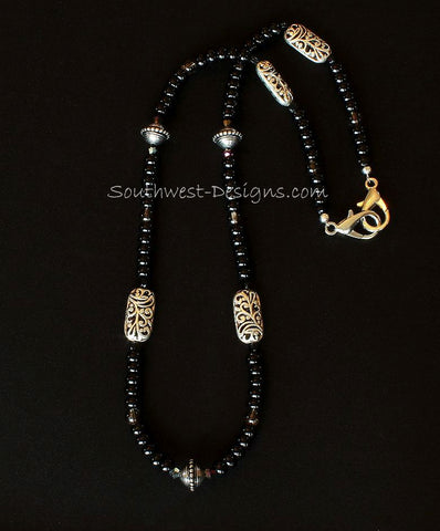 Onyx Rondelle Bead Mask Lanyard with Smoky Quartz and Ornate Silver