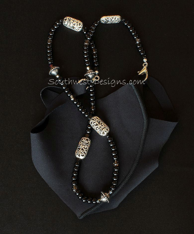 Onyx Rondelle Bead Mask Lanyard with Smoky Quartz and Ornate Silver
