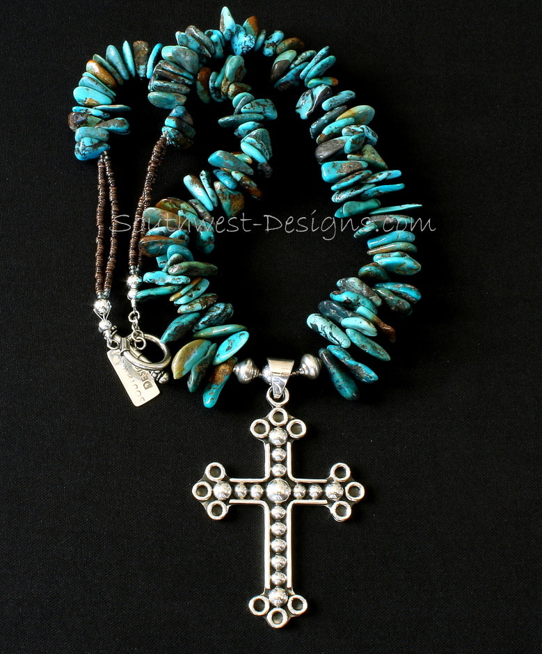Ornate Sterling Silver Cross with Turquoise Briolette, Olive Shell Heishi and Sterling Silver