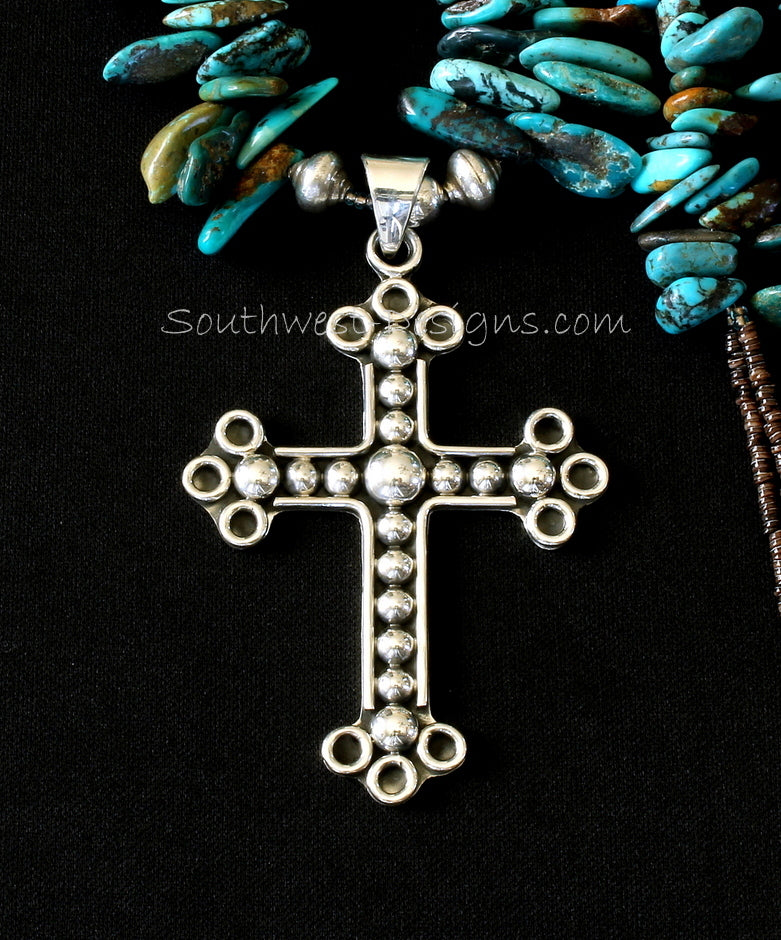 Ornate Sterling Silver Cross with Turquoise Briolette, Olive Shell Heishi and Sterling Silver