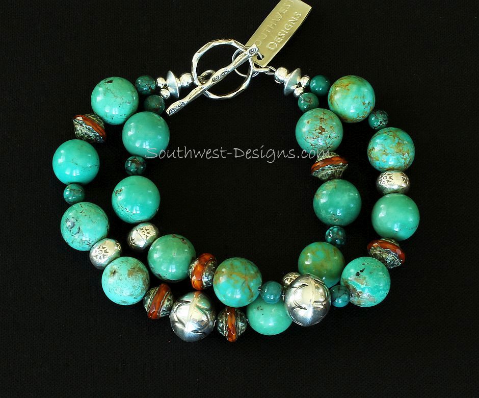 Pilot Mountain Turquoise Rounds 2-Strand Bracelet with Czech Glass and Sterling Silver