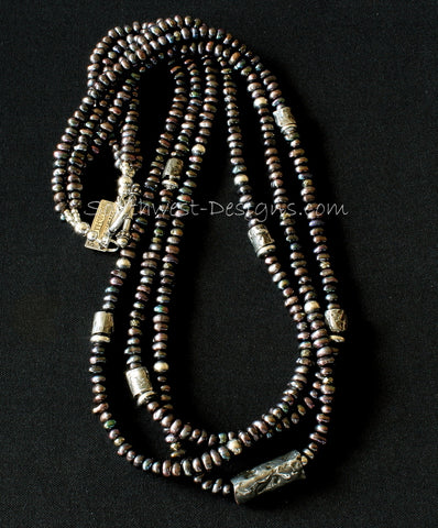 Pewter-Black Pearl 3-Strand Necklace with Mojo Cylinders, Oxidized Sterling Silver Rounds and Sterling Toggle Clasp
