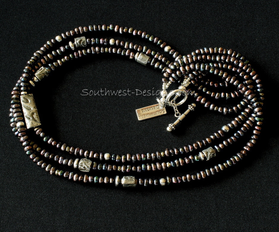 Pewter-Black Pearl 3-Strand Necklace with Mojo Cylinders, Oxidized Sterling Silver Rounds and Sterling Toggle Clasp