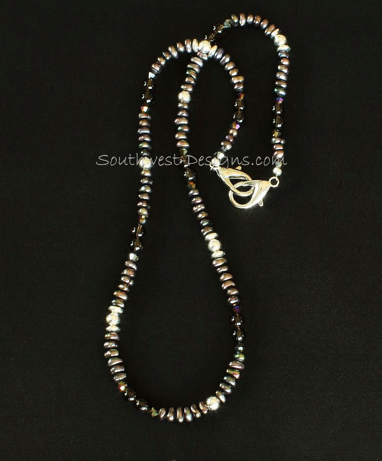 Pewter-Black Pearl Mask Lanyard with Smoky Quartz and Sterling Silver