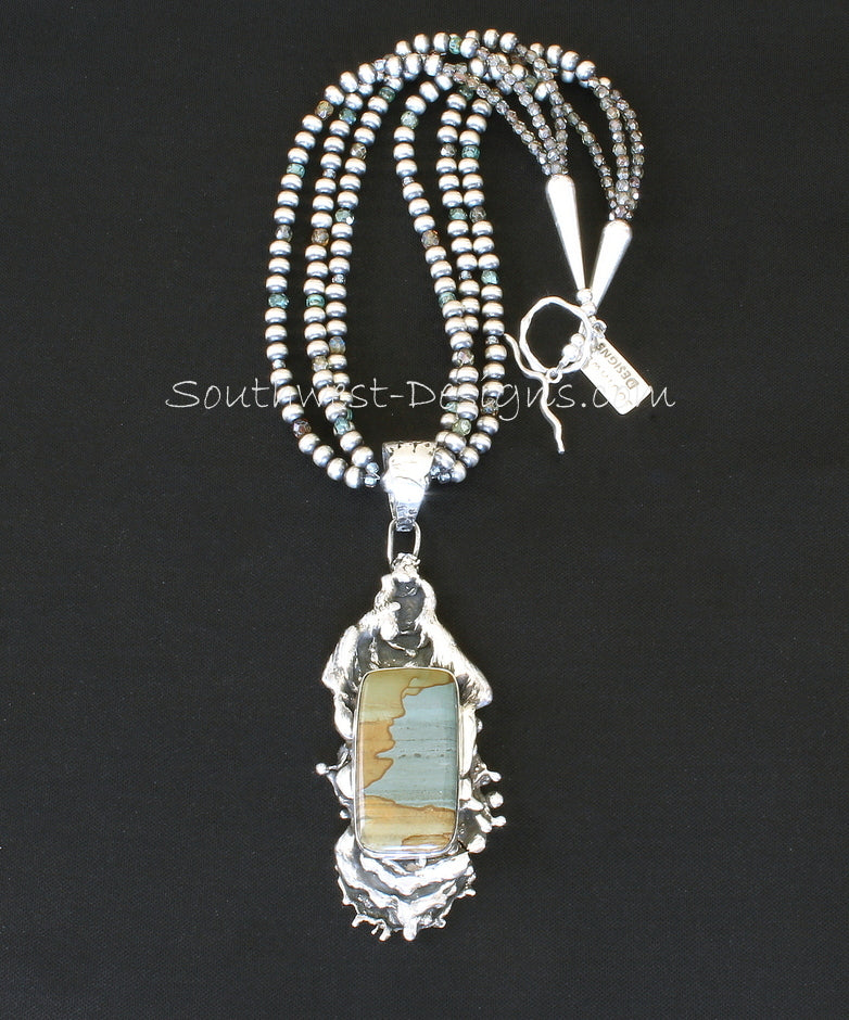 Picture Jasper & Reticulated Silver Necklace with 3 Strands of Oxidized Sterling Rounds, Fire Polished Glass & Sterling