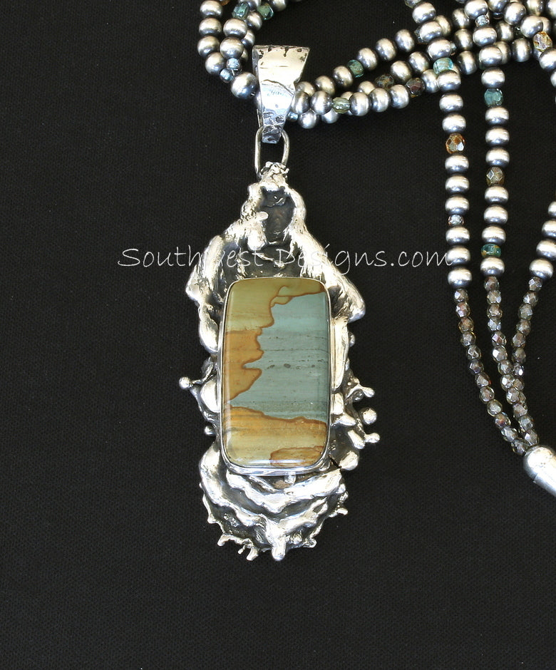 Picture Jasper & Reticulated Silver Necklace with 3 Strands of Oxidized Sterling Rounds, Fire Polished Glass & Sterling