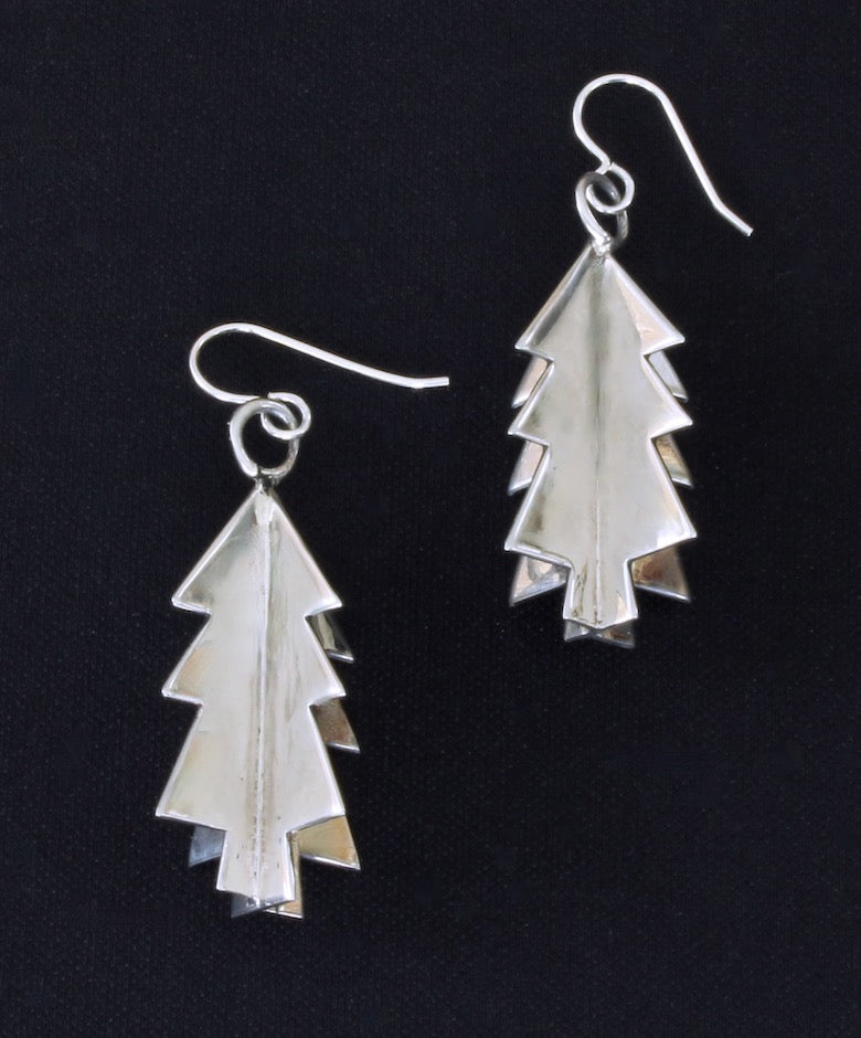Polished Silver 3D Christmas Tree Earrings