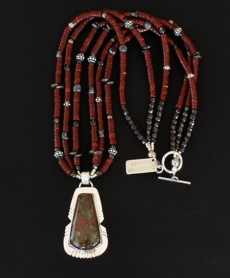 Poppy Jasper & Sterling Silver Pendant with 3 Strands of Red Jasper Heishi, Czech Glass and Sterling Silver