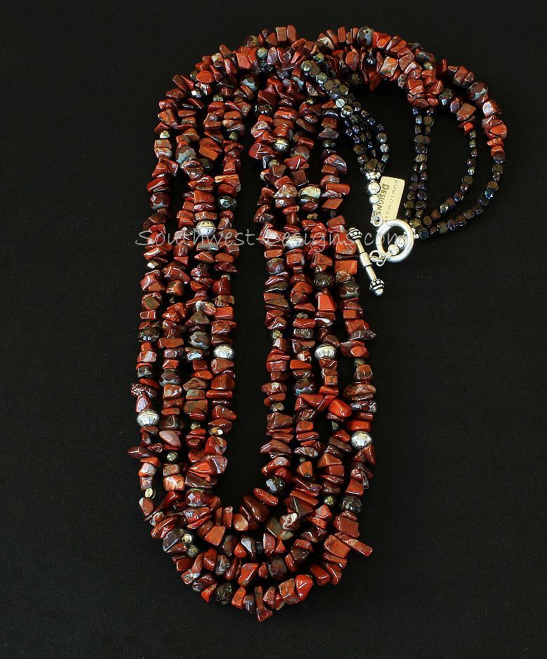 Rainbow Brecciated Jasper Chip 4-Strand Necklace with Vintage Czech Glass and Sterling Silver
