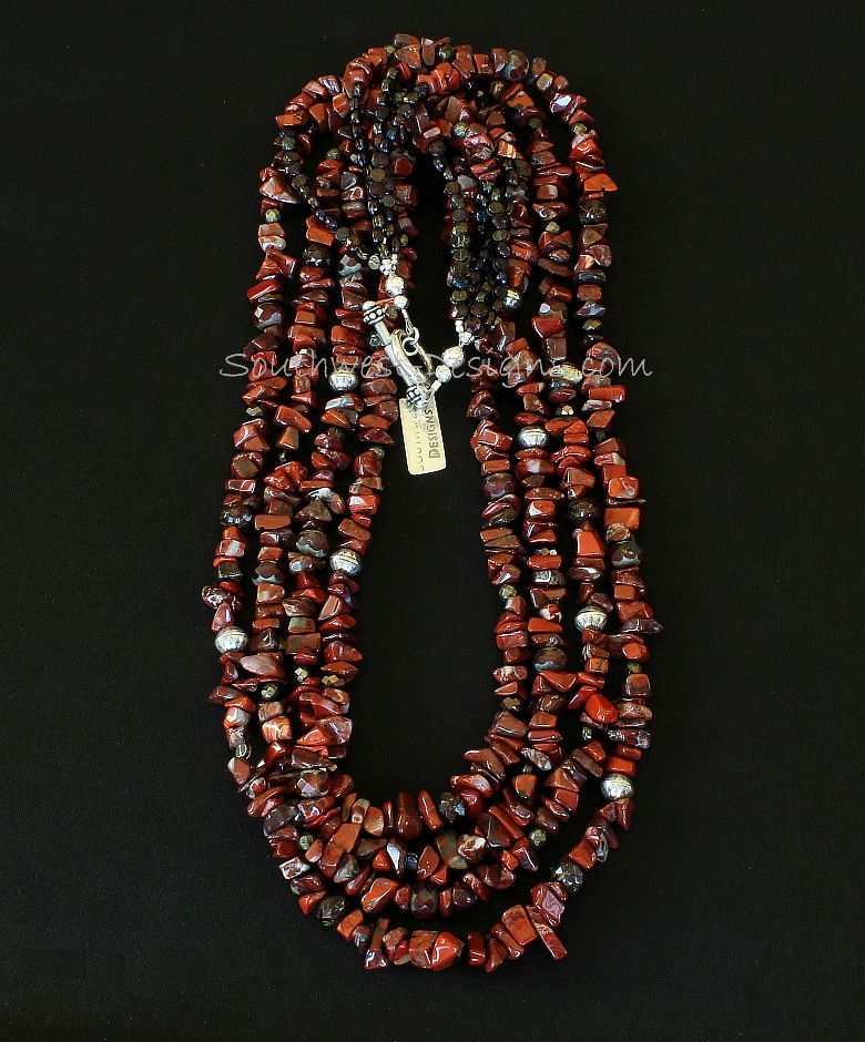 Rainbow Brecciated Jasper Chip 4-Strand Necklace with Vintage Czech Glass and Sterling Silver