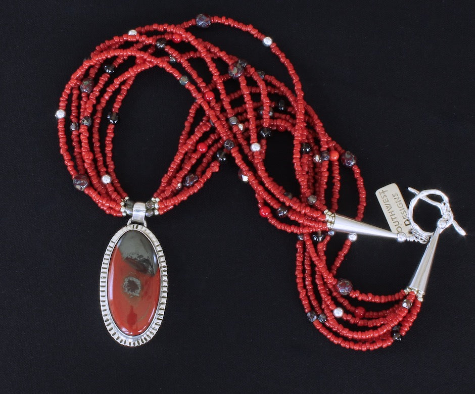 Rainbow Brecciated Jasper and Sterling Silver Pendant with Red Pote Beads and Sterling