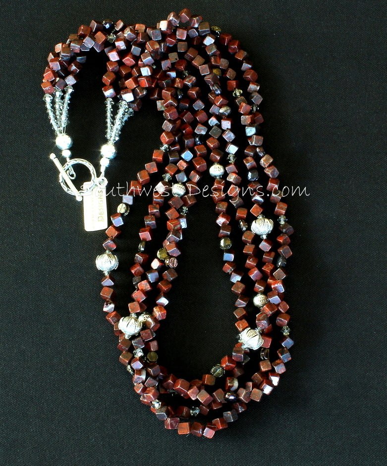 Rainbow Brecciated Jasper Cube 4-Strand Necklace with Sterling Silver