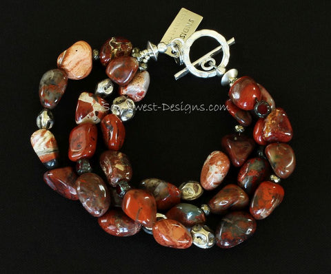 Red Agate Nugget 3-Strand Bracelet with Czech Glass, Pyrite Nuggets and Sterling Silver