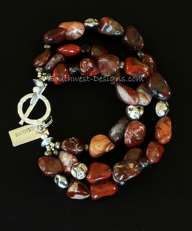 Red Agate Nugget 3-Strand Bracelet with Czech Glass, Pyrite Nuggets and Sterling Silver