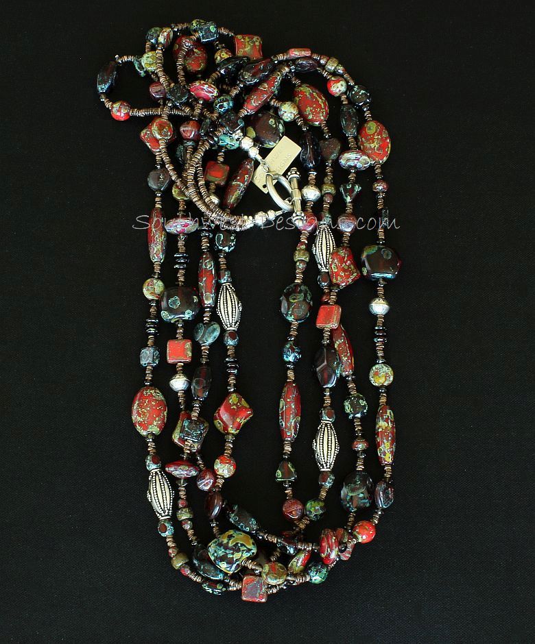 Red Art Glass 4-Strand Necklace with Smoky Quartz, Olive Shell Heishi and Sterling