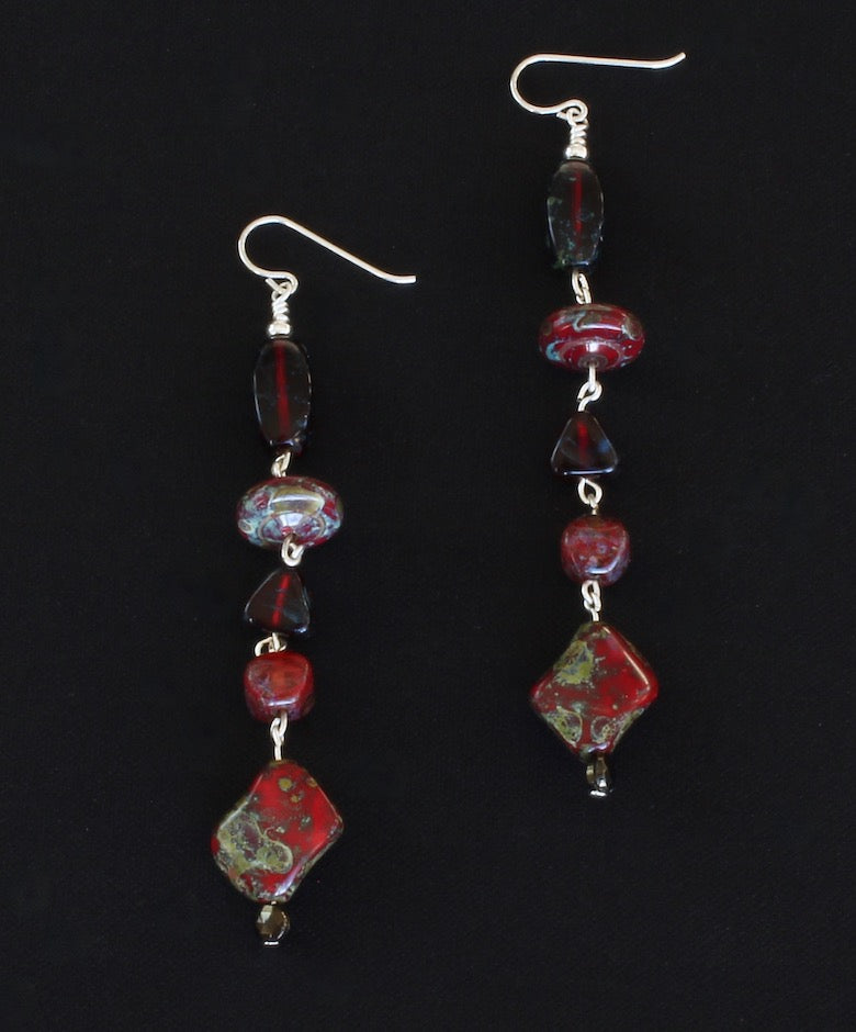 Red Art Glass Dangles with Czech Nailheads and Sterling Silver