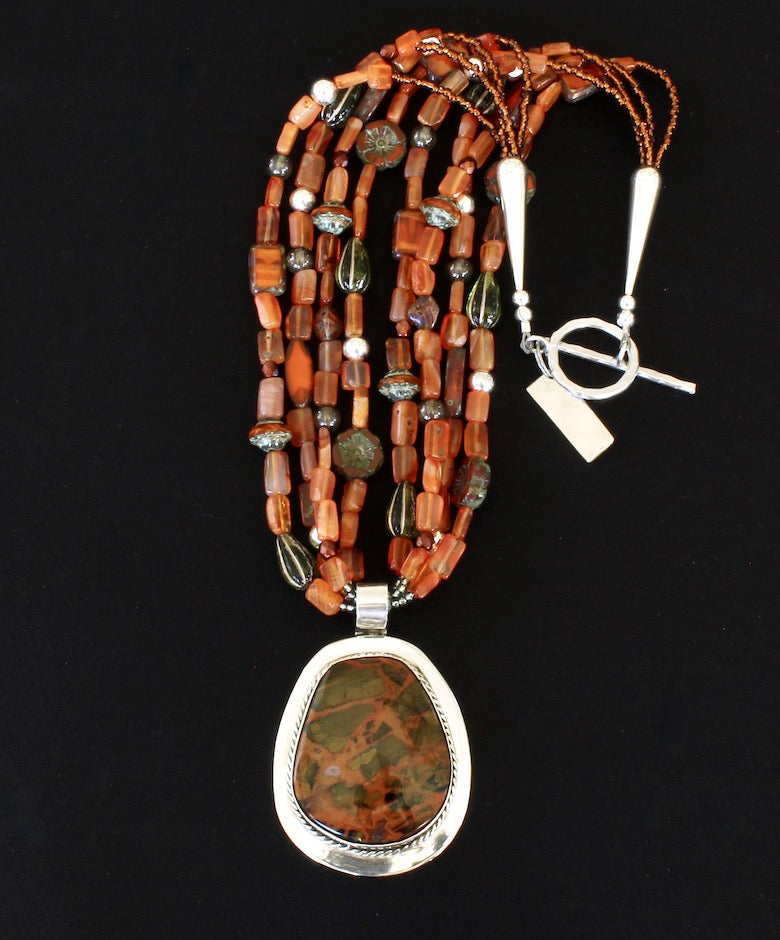 Red Creek Jasper and Sterling Silver Pendant with 4 Strands of Czech Glass and Sterling