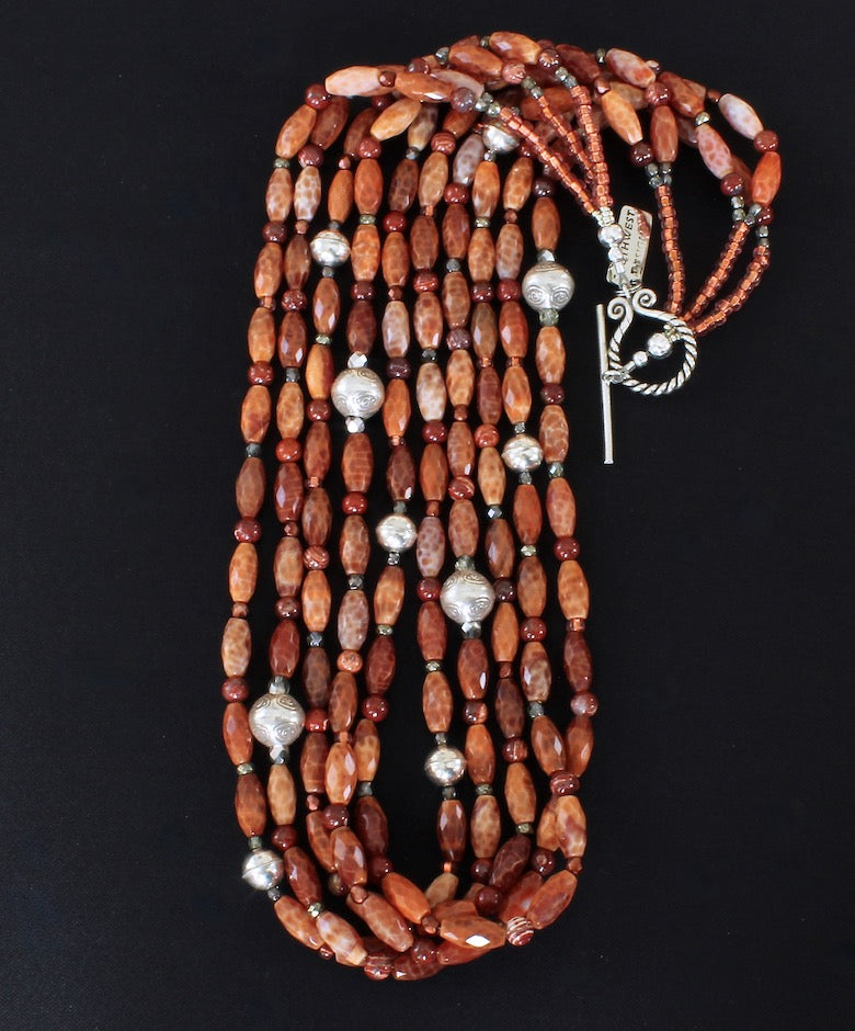 Red Fire Agate Faceted Cylinder 5-Strand Necklace with Red Snakeskin Jasper, Czech Glass, Hill Tribe Silver and Sterling Silver