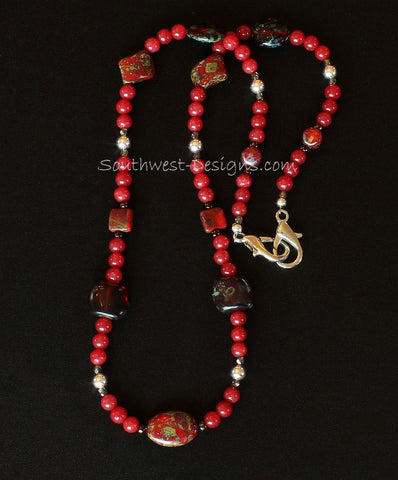 Red Jade Rounds and Art Glass Mask Lanyard with Sterling Silver