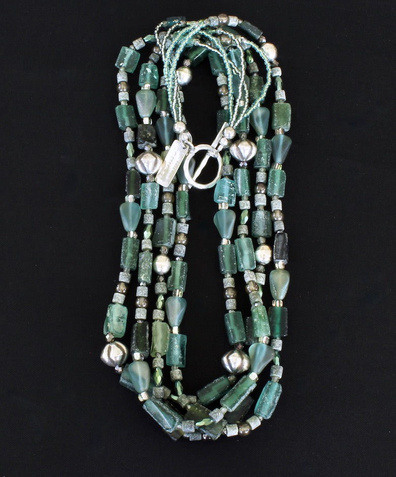 Roman Glass Rectangles 4-Strand Necklace with Czech Glass and Sterling Silver