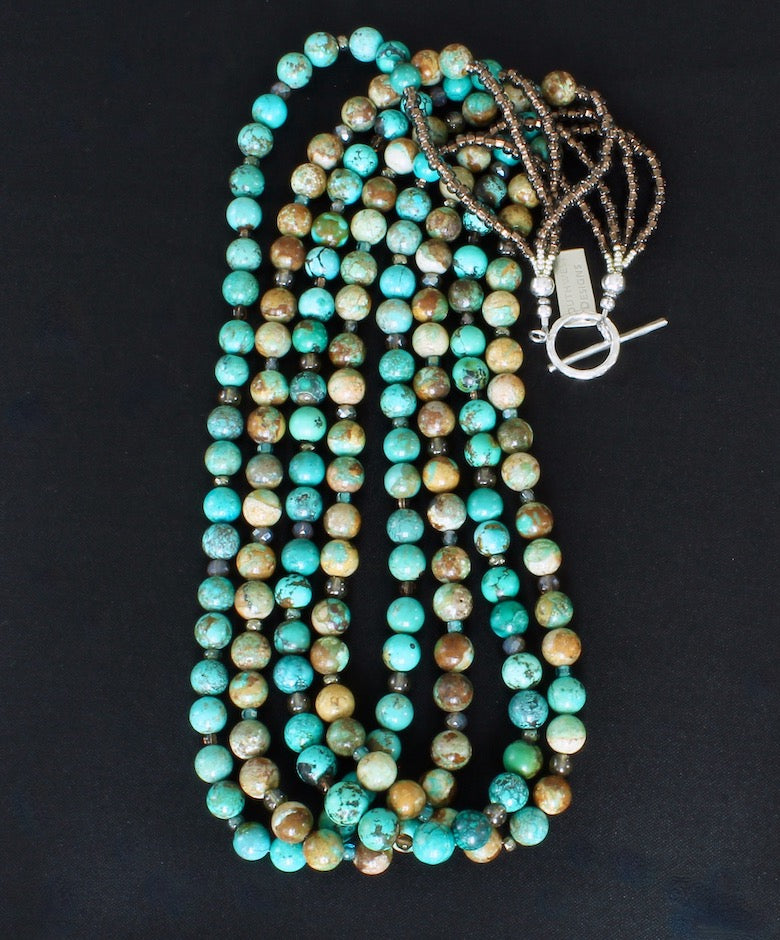 Royston Boulder & Natural Blue Turquoise Rounds 4-Strand Necklace with Czech Glass and Sterling Silver