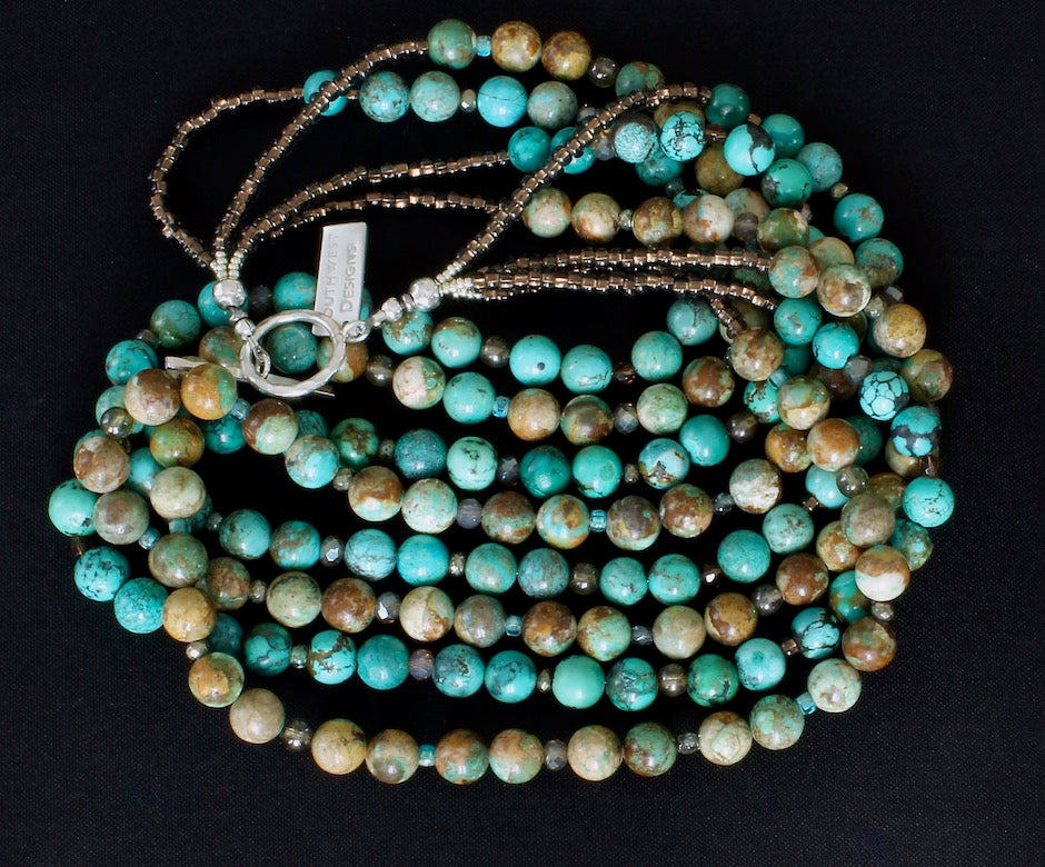 Royston Boulder & Natural Blue Turquoise Rounds 4-Strand Necklace with Czech Glass and Sterling Silver