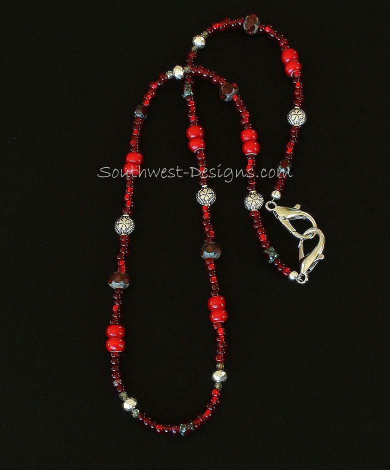 Ruby Red Czech Glass Mask Lanyard with Silver Plated Rounds & Coin Beads and Silver Lobster Clasps