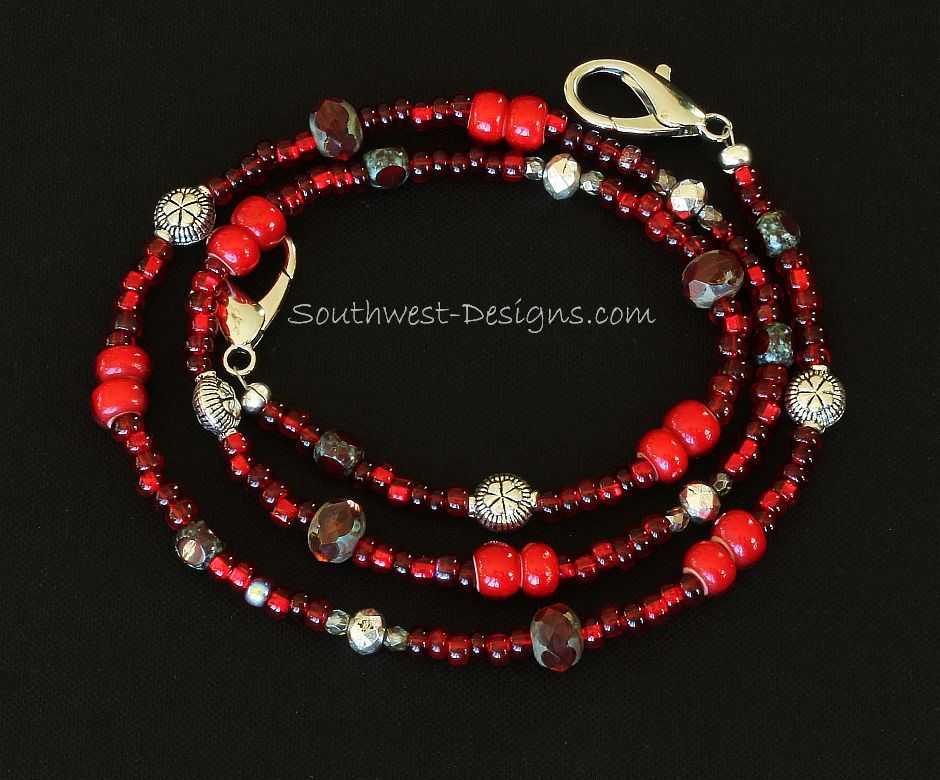 Ruby Red Czech Glass Mask Lanyard with Silver Plated Rounds & Coin Beads and Silver Lobster Clasps