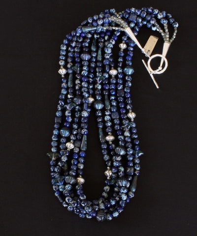 Blue Sea Sediment Jasper 5-Strand Necklace with Lapis, Czech Glass & Sterling Silver