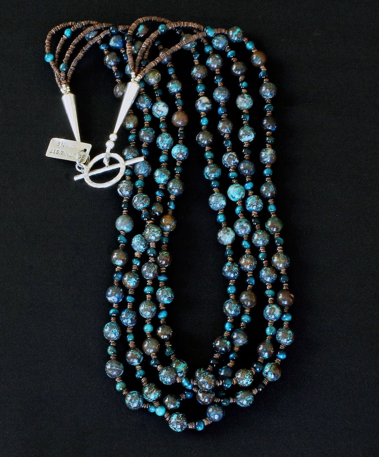 Shattuckite and Blue Hawks Eye Rounds 4-Strand Necklace with Sterling Silver