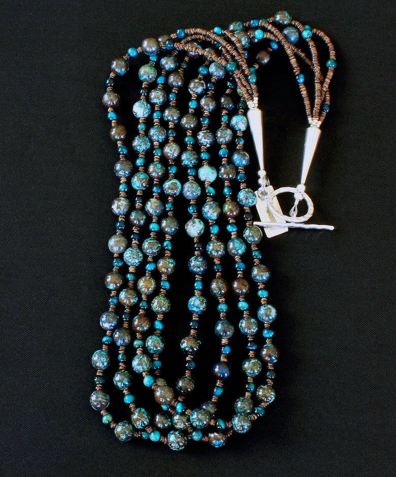 Shattuckite and Blue Hawks Eye Rounds 4-Strand Necklace with Sterling Silver
