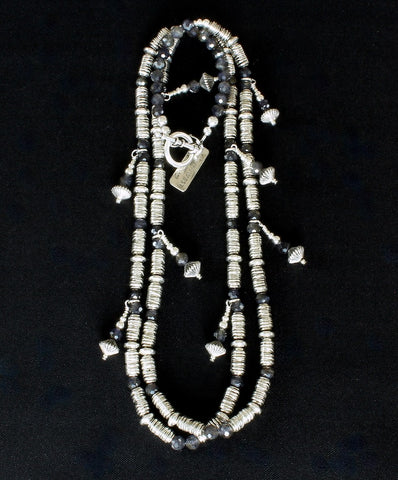 Silver Cylinder & Iolite Rounds 2-Strand Necklace with Sterling Silver and Iolite Charms