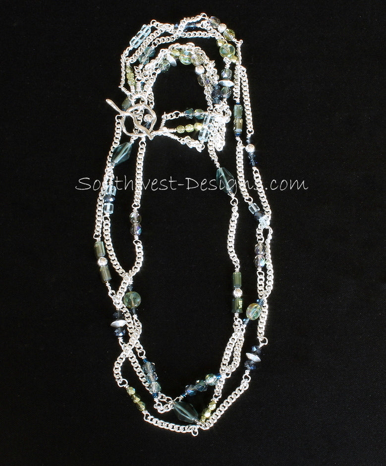 Silverplate Curb Chain 3-Strand Necklace with Czech Glass, Fire Polished Glass, Swarovski Crystal, and Sterling Silver Rounds, Bicones and Toggle Clasp