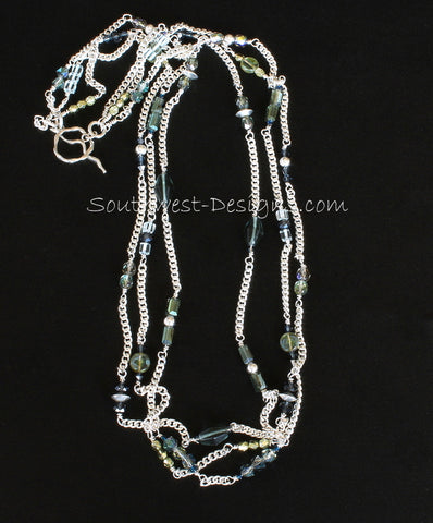 Silverplate Curb Chain 3-Strand Necklace with Czech Glass, Fire Polished Glass, Swarovski Crystal, and Sterling Silver Rounds, Bicones and Toggle Clasp