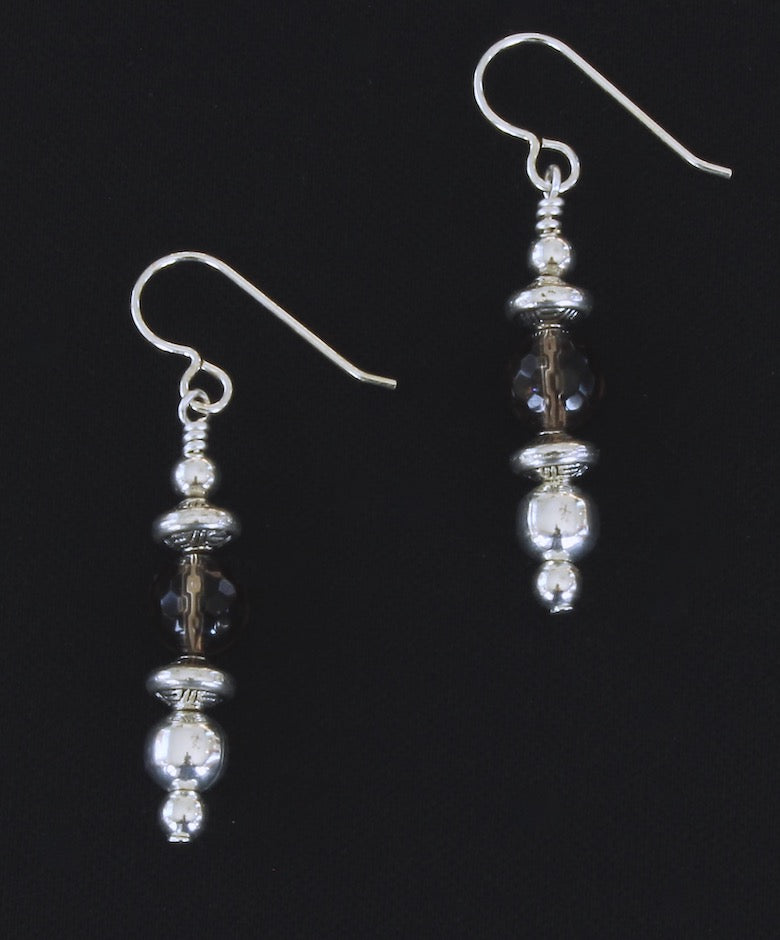 Smoky Quartz Faceted Rounds Earrings with Sterling Silver Beads & Earring Wires