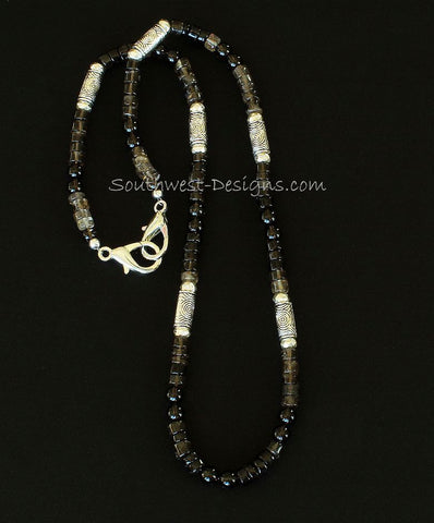 Shaded Smoky Quartz Tyre Bead Mask Lanyard with Smoky Quartz Rounds and Ornate Plated Silver