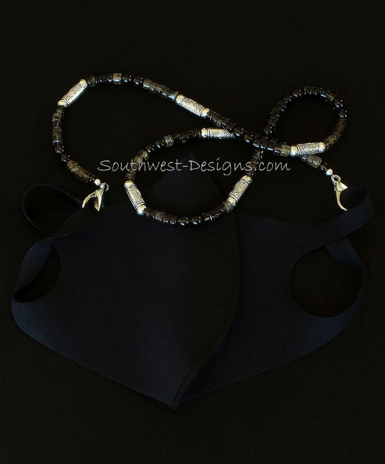 Shaded Smoky Quartz Tyre Bead Mask Lanyard with Smoky Quartz Rounds and Ornate Plated Silver