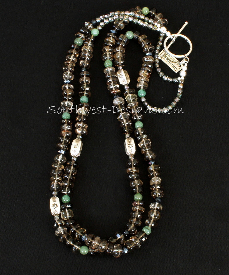 Smoky Quartz 2-Strand Rondelle Bead Necklace with Aventurine, Fire Polished Glass and Sterling Silver