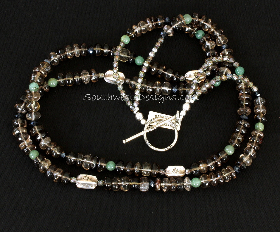 Smoky Quartz 2-Strand Rondelle Bead Necklace with Aventurine, Fire Polished Glass and Sterling Silver
