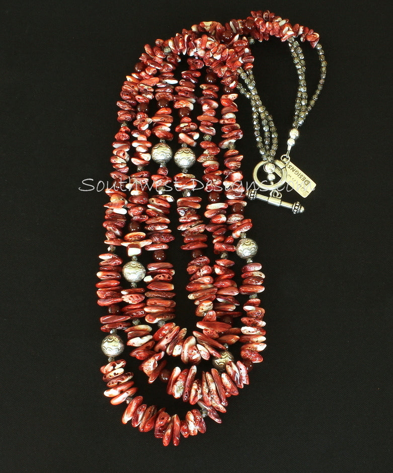 Spiny Oyster Shell Long Chip 3-Strand Necklace with Carnelian and Sterling Silver