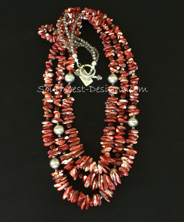 Spiny Oyster Shell Long Chip 3-Strand Necklace with Carnelian and Sterling Silver