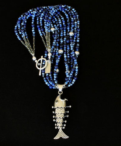 Sterling Silver Reticulated Fish Pendant with Blue Fire Agate & Lapis Rounds and Sterling Beads & Toggle Clasp