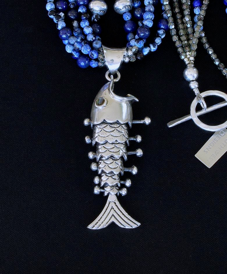 Sterling Silver Reticulated Fish Pendant with Blue Fire Agate & Lapis Rounds and Sterling Beads & Toggle Clasp