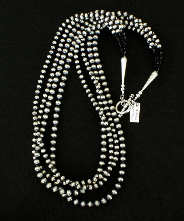 4-Strand Oxidized Sterling Silver Bead Necklace with Sterling Silver Cones & Toggle Clasp