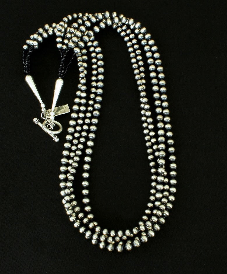 4-Strand Oxidized Sterling Silver Bead Necklace with Sterling Silver Cones & Toggle Clasp