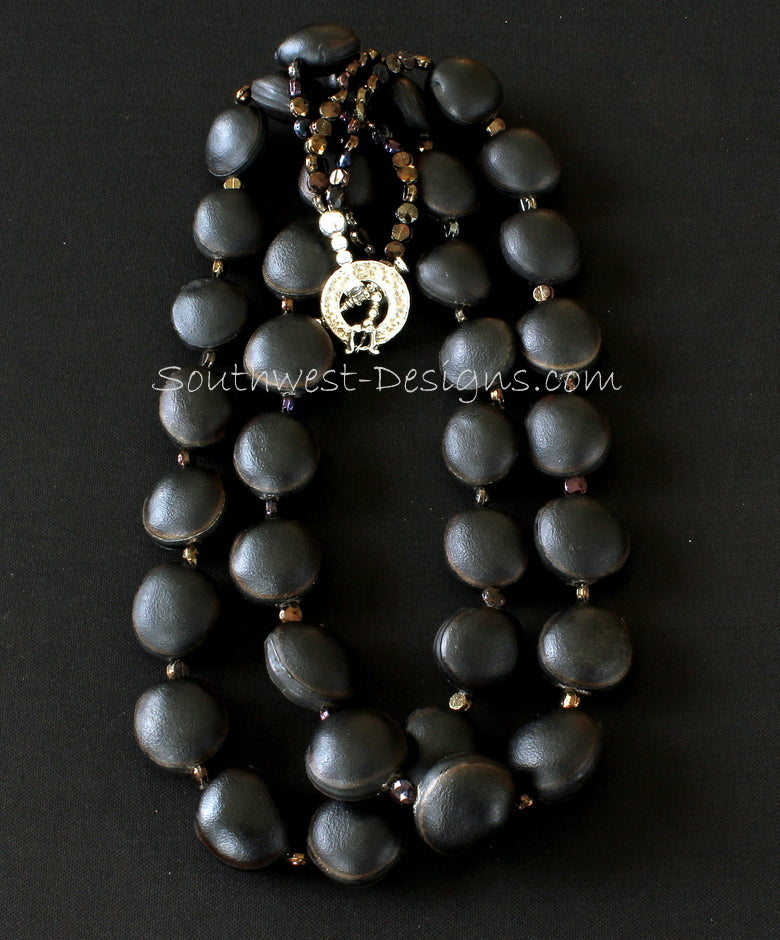 Black Ojo de Buey Seed 2-Strand Necklace with Czechoslovakian Nailheads and Sterling Silver
