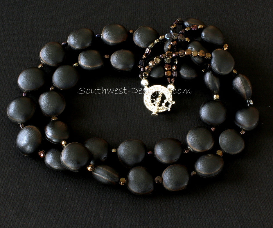 Black Ojo de Buey Seed 2-Strand Necklace with Czechoslovakian Nailheads and Sterling Silver