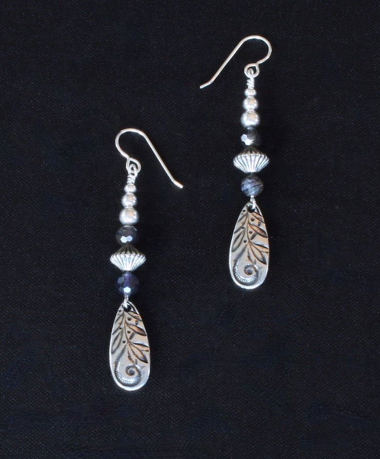 Faceted Iolite and Sterling Silver Earrings with TierraCast Stamped Silver Charms