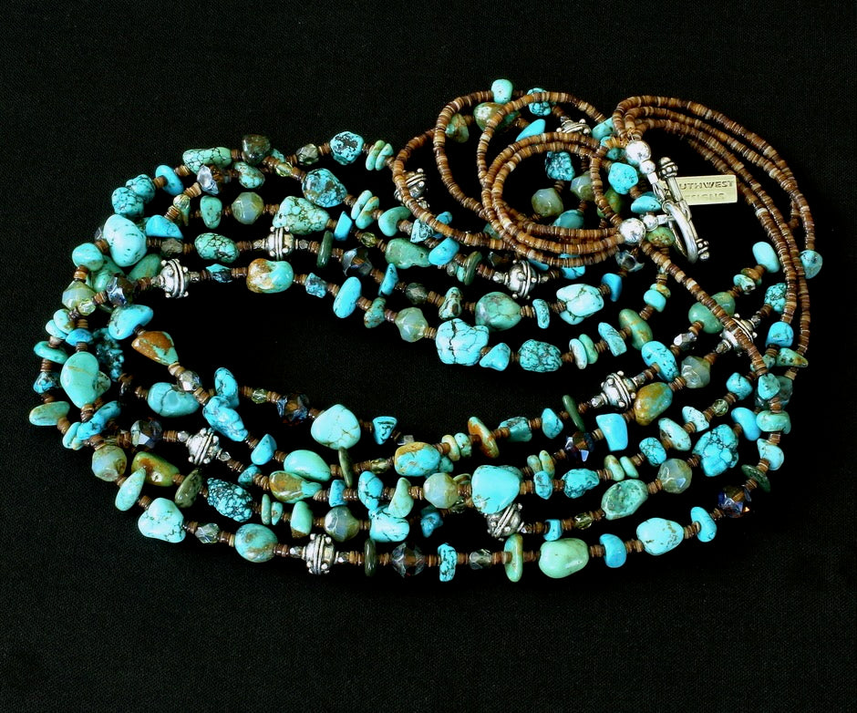 Mixed Turquoise 5-Strand Necklace with Czech Glass and Sterling Silver
